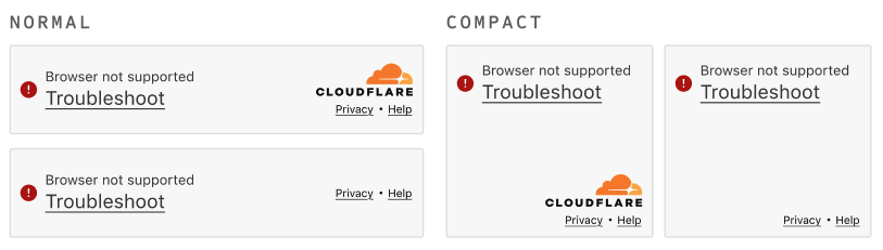 A turnstile widget shown in both its normal rectangular size, and in it's square compact size. Each one also shows a variant with and without the cloudflare logo'
